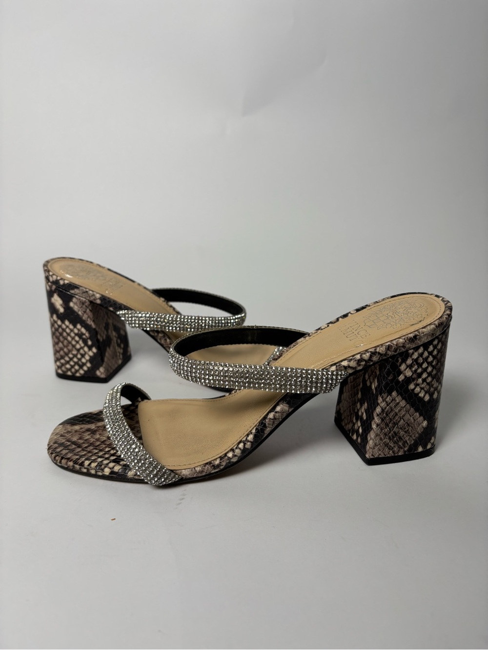 Vince Camuto Snake-Print Block Heel Sandals with Rhinestone Straps